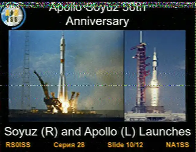 SSTV image from the ISS, Slide 10 of 12, celebrating the 50th anniversary of the Apollo-Soyuz mission. The image is a side-by-side view of the two rocket launches. On the left, the Soyuz rocket is shown lifting off from its launchpad. On the right, the Apollo Saturn V rocket is shown on its launch tower. The caption below reads 'Soyuz (R) and Apollo (L) Launches'.